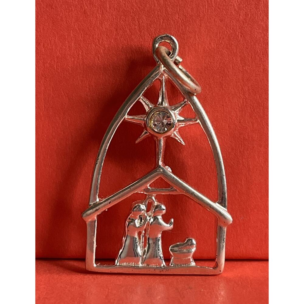 Sterling Silver Nativity Charm CZ Christmas Manger Pendant Vintage